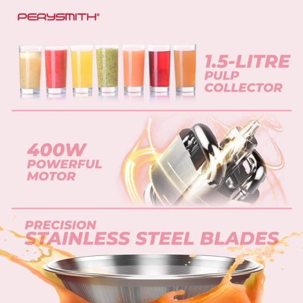 PerySmith Juice Extractor featuring 1.5-litre pulp collector, 400W powerful motor, and precision stainless steel blades with colorful juice glasses displaying various fruit and vegetable beverages.