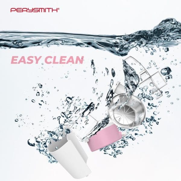 PerySmith J1000 juice extractor submerged in splashing water with "EASY CLEAN" text, showcasing the appliance's waterproof and easy-to-clean design features.