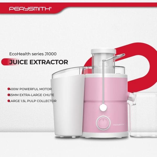PerySmith EcoHealth Series J1000 pink and white juice extractor with 600W motor, 65mm chute, and 1.5L pulp collector displayed with promotional text.