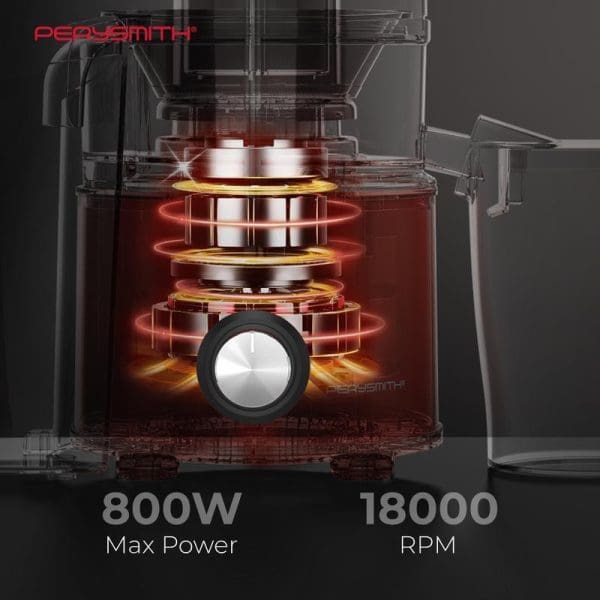 PerySmith Juice Extractor Ecohealth Series J2000 with transparent body showing internal motor components, featuring 800W max power and 18000 RPM specifications highlighted with red glowing effects.