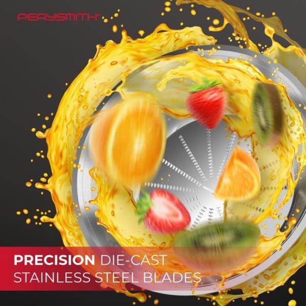 PerySmith juice extractor with precision die-cast stainless steel blades processing orange, kiwi, and strawberry fruits with dynamic juice splash effect on dark background.