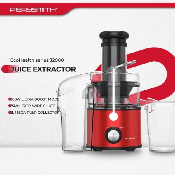 PerySmith EcoHealth Series J2000 red juice extractor with clear containers, featuring 800W ultra boost mode, 75mm extra-wide chute, and 2L mega pulp collector.