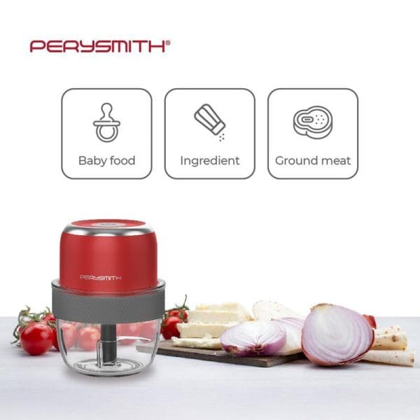 PerySmith PS250 Mini Food Chopper in red with glass bowl, showing baby food, ingredient, and ground meat icons, surrounded by fresh vegetables and onions.