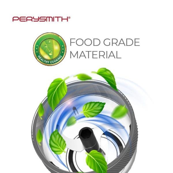 PerySmith Mini Food Chopper PS250 with stainless steel blades, food grade material certification, and green leaves indicating healthy cooking features for cordless operation.