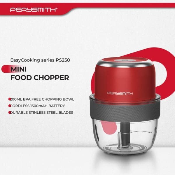 PerySmith PS250 Mini Food Chopper with red cordless design, 200ml BPA-free bowl, 1500mAh battery, and stainless steel blades displayed on white background.