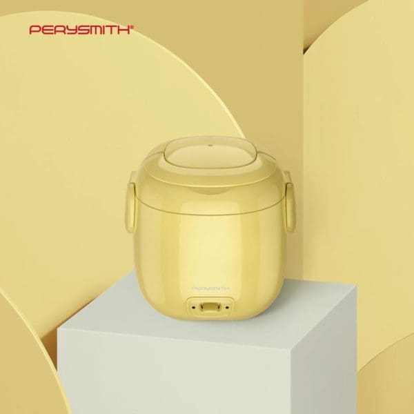 PerySmith Mini Rice Cooker Easycooking Series Q10 in yellow color displayed on white platform against yellow curved background for barangelektrik.my product showcase.