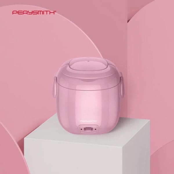 PerySmith Mini Rice Cooker Easycooking Series Q10 in pink color displayed on white pedestal against geometric pink background for barangelektrik.my product listing.