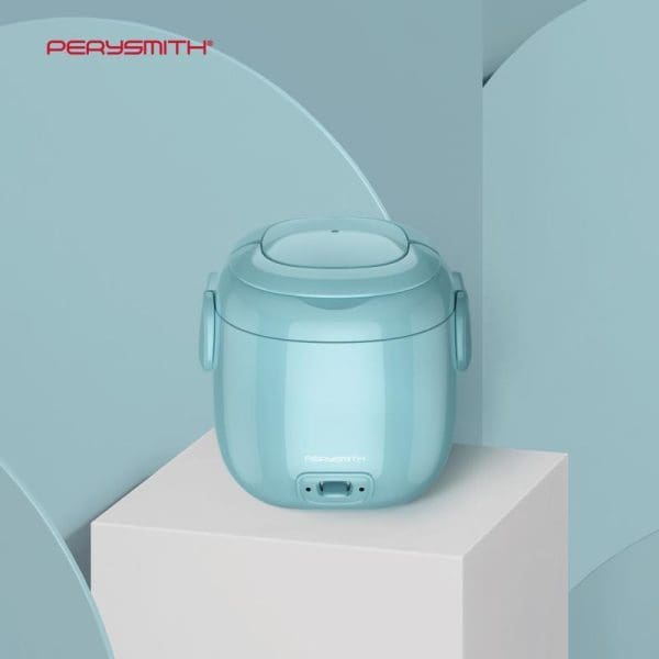 PerySmith Mini Rice Cooker Easycooking Series Q10 in mint green color with compact design, featuring control panel and handles, displayed on white platform.