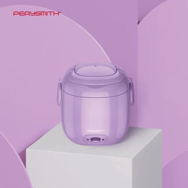 PerySmith Mini Rice Cooker Easycooking Series Q10 in purple color with compact design, featuring cooking controls, displayed on white platform against purple background.