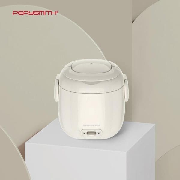 PerySmith Mini Rice Cooker Easycooking Series Q10 in white color with compact design, featuring handles and control panel, displayed on white platform against beige background.