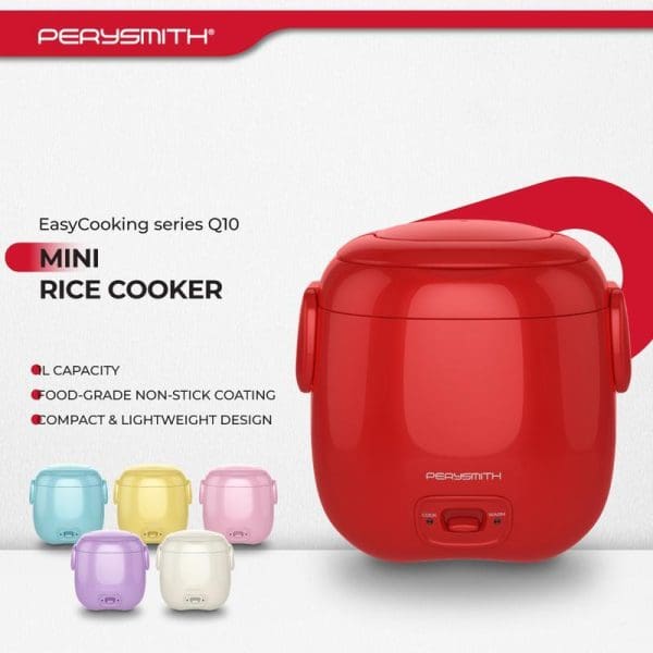 PerySmith EasyCooking Series Q10 Mini Rice Cooker in red with compact lightweight design, food-grade non-stick coating, available in multiple colors including blue, yellow, pink, purple, and cream.