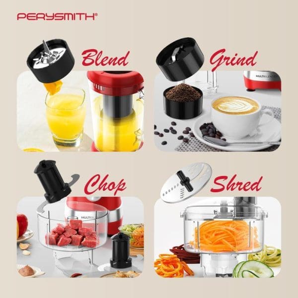 PerySmith Multi Blender Ecohealth Series PS3050 showing four functions: Blend for smoothies, Grind for coffee, Chop for vegetables and meat, Shred for carrots and vegetables.