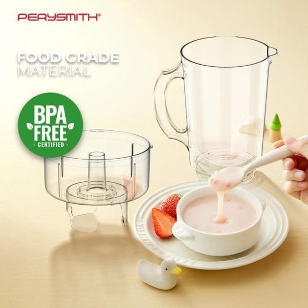 PerySmith Multi Blender Ecohealth Series PS3050 with BPA-free food grade materials, featuring blender jar, food processor bowl, and hand blender creating strawberry smoothie.