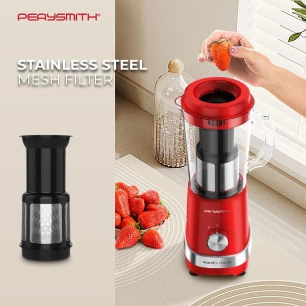 PerySmith PS3050 red multi blender with stainless steel mesh filter, shown with fresh strawberries and detachable black filter component on kitchen counter.