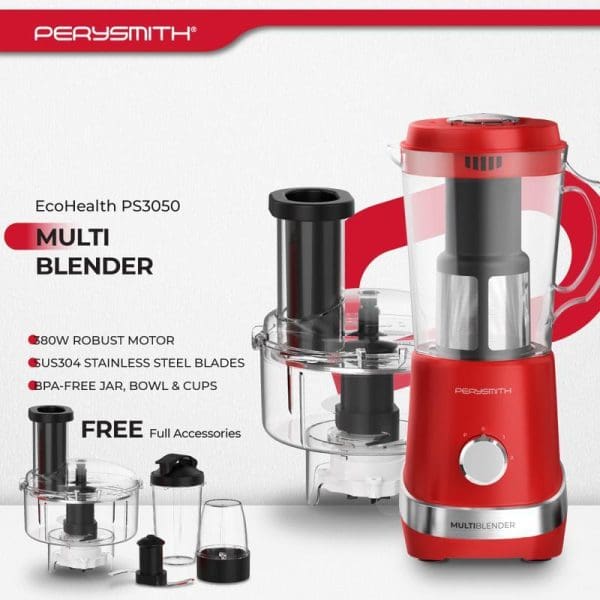 PerySmith EcoHealth PS3050 Multi Blender in red with 80W motor, stainless steel blades, BPA-free accessories including food processor bowl, cups and blending jar.