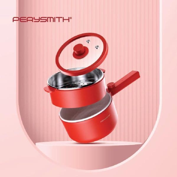 PerySmith Multi Cooker Ecohealth Series BQ180 in red with glass lid, stainless steel interior, and long handle displayed on pink background