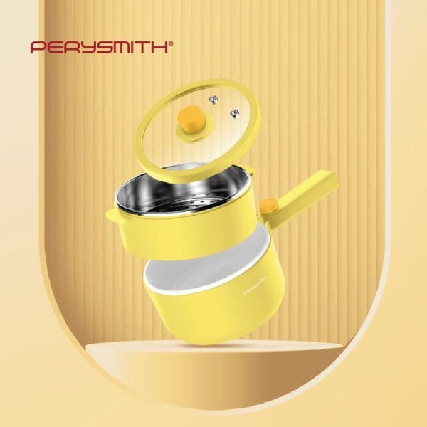 PerySmith Multi Cooker Ecohealth Series BQ180 in bright yellow with exploded view showing lid, inner pot, and base components on golden background.