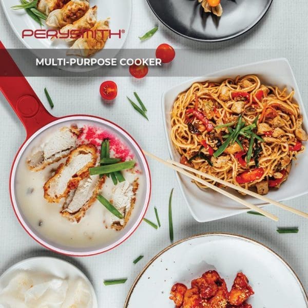 PerySmith Multi-Purpose Cooker showcasing various cooked dishes including noodles, soup with sliced meat, and other meals arranged on white surface with chopsticks.