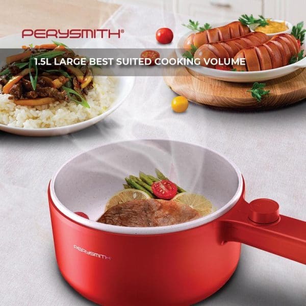 PerySmith red multi cooker with 1.5L capacity showing cooked steak with vegetables inside, alongside plates of rice with meat and sliced sausages on wooden board.