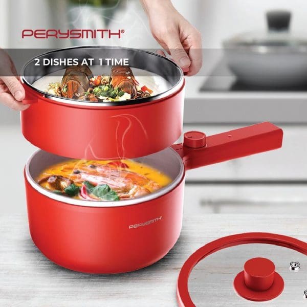PerySmith Multi Cooker Ecohealth Series BQ180 in red showing two-tier cooking capability with different dishes in each level on kitchen counter.