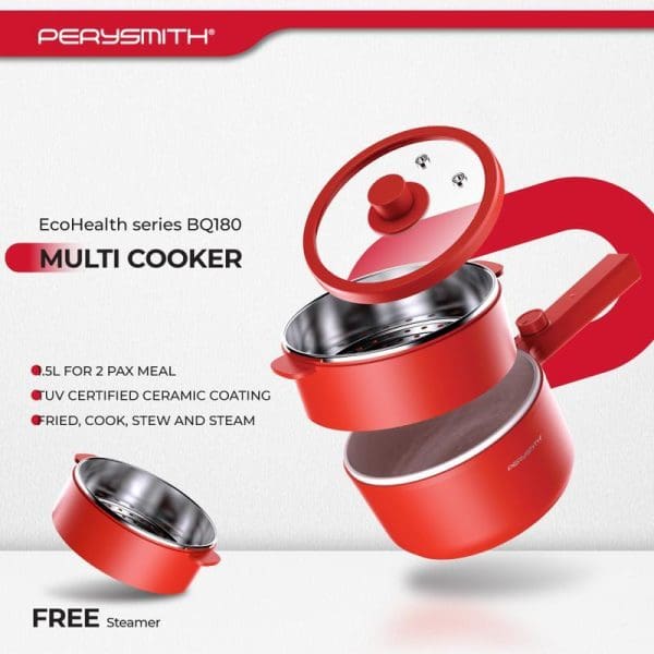 PerySmith EcoHealth BQ180 Multi Cooker in red with ceramic coating, 5L capacity for 2-person meals, includes steamer, fries, cooks, stews and steams.
