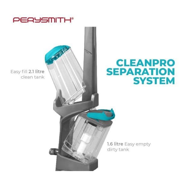 Perysmith CleanPro Separation System carpet cleaner with 2.1 liter clean water tank and 1.6 liter dirty water tank, gray and teal design