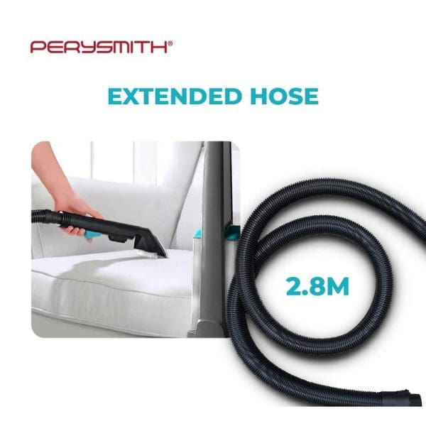 Perysmith CleanPro Series M4 carpet cleaner vacuum with 2.8M extended black hose being used to clean white upholstery furniture