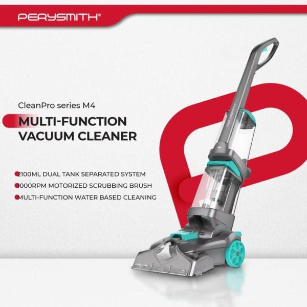 Perysmith CleanPro Series M4 multi-function vacuum cleaner with dual tank system, motorized scrubbing brush, and water-based cleaning capabilities displayed on promotional background.