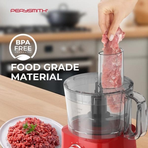 PerySmith PS6000 Multi-Function Food Processor with BPA-free food grade material, showing raw meat being processed into ground meat in kitchen setting.