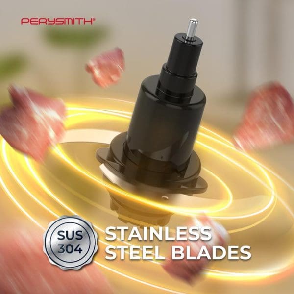 PerySmith Multi-Function Food Processor with SUS 304 stainless steel blades, showing dynamic motion blur of red ingredients being processed with golden circular light effects.