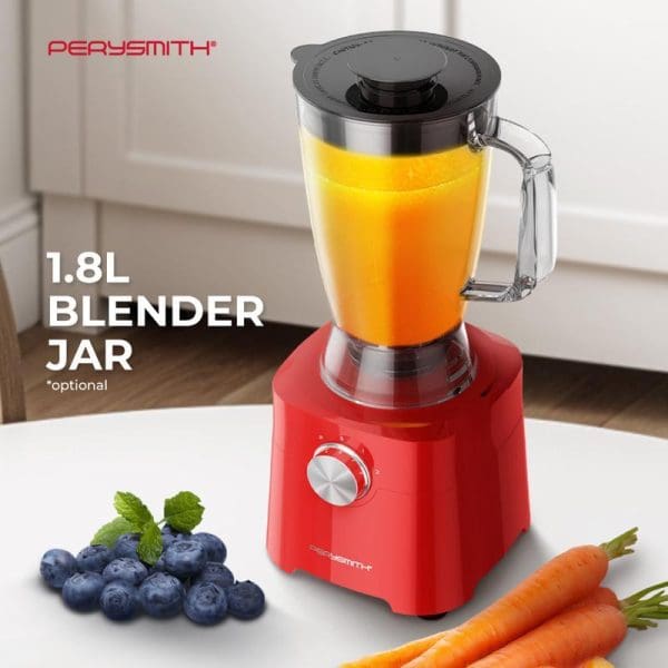 Red PerySmith blender with 1.8L glass jar containing orange liquid, featuring control dial, surrounded by fresh blueberries and carrots on white countertop in modern kitchen.