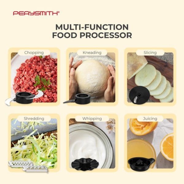 PerySmith Multi-Function Food Processor showing six capabilities: chopping meat, kneading dough, slicing vegetables, shredding cabbage, whipping cream, and juicing oranges with various attachments.