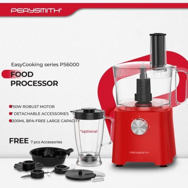 PerySmith PS6000 red food processor with 750W motor, 200ML capacity, detachable accessories including blender jar, citrus juicer, and 7-piece accessory set displayed.