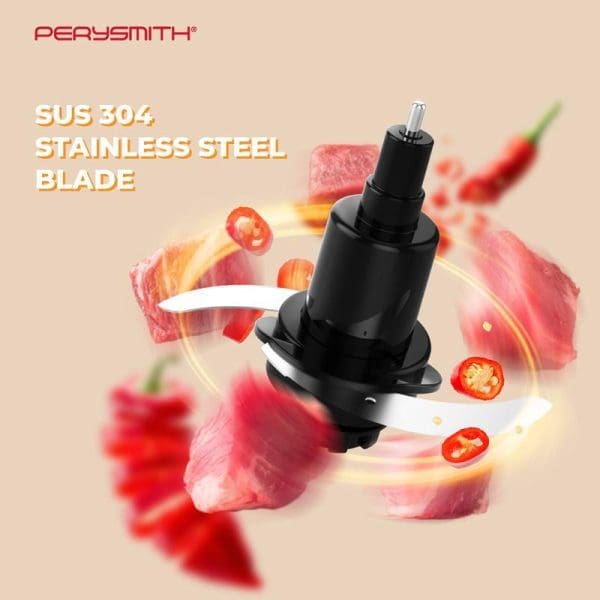 PerySmith PS6500 Multi-Function Food Processor with SUS 304 stainless steel blade cutting red peppers and meat with motion blur effect