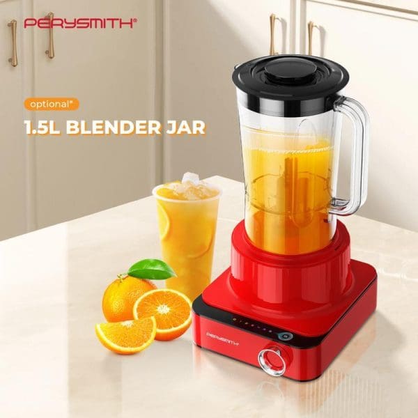 PerySmith red multi-function food processor with 1.5L blender jar containing orange juice, surrounded by fresh oranges and a glass of juice on kitchen counter.