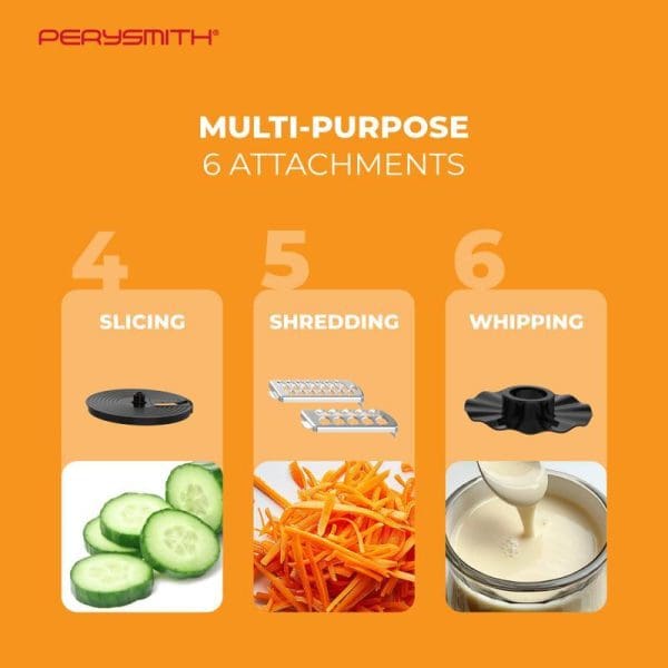 PerySmith Multi-Purpose Food Processor with 6 attachments showing slicing, shredding, and whipping functions with cucumber slices, shredded carrots, and whipped cream examples.