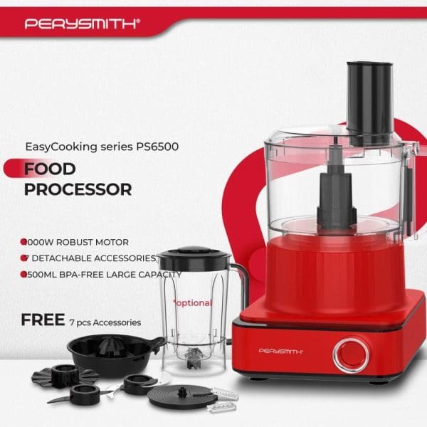 PerySmith PS6500 red food processor with 1000W motor, 500ML capacity, detachable accessories including blender jar, chopping bowls, and slicing discs displayed against white background.