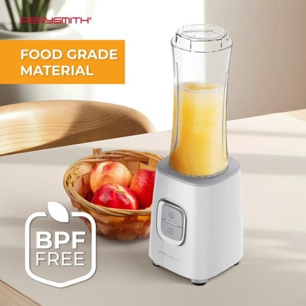 PerySmith PS3000 Personal Blender with clear bottle containing orange juice, wooden bowl of fresh fruits, highlighting BPF-free food grade materials on white countertop.