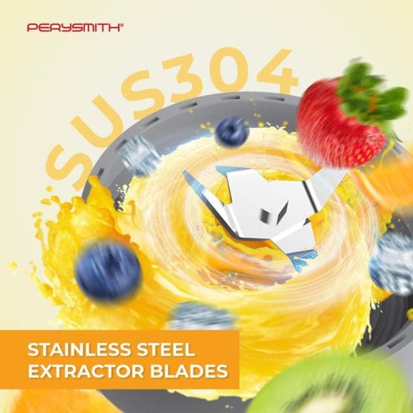 PerySmith SUS304 stainless steel extractor blades for PS3000 personal blender with colorful fruit splash effect showing strawberry, orange, and blueberries in motion.