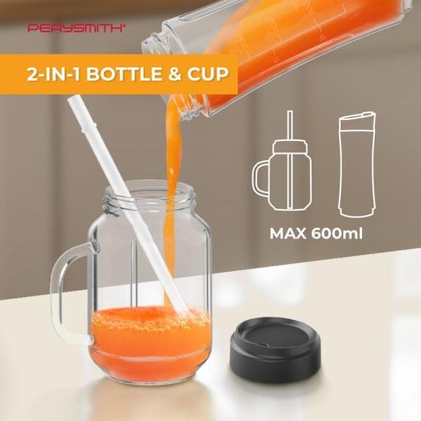 PerySmith PS3000 Personal Blender with 2-in-1 bottle and cup feature, showing orange smoothie being poured into 600ml glass jar with black lid and straw.