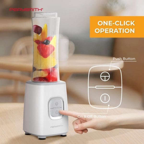 PerySmith Personal Blender PS3000 with fruit smoothie in clear bottle, featuring one-click operation with push button and on/off controls on white base.