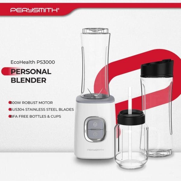 PerySmith EcoHealth PS3000 Personal Blender with 600W motor, stainless steel blades, BFA-free bottles and cups, white base unit with portable containers displayed.