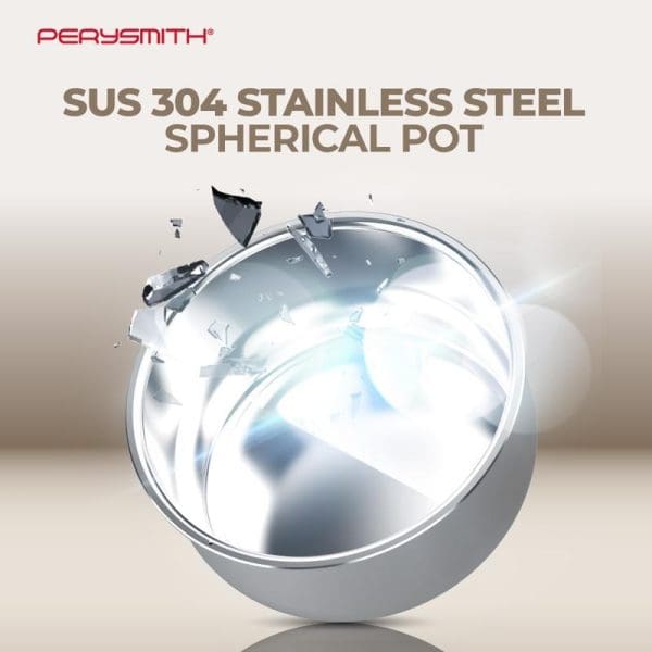 PerySmith SUS 304 stainless steel spherical pressure cooker pot with lid and handle, featuring reflective chrome finish and modern design.