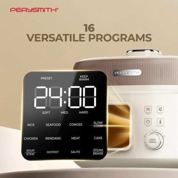PerySmith PC1000 pressure cooker with digital display showing 24:00 timer and 16 cooking programs including rice, chicken, soup, meat, and steam functions.