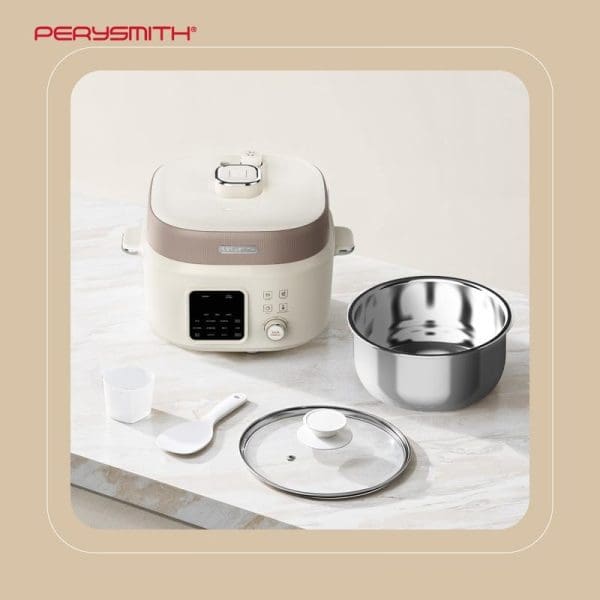 PerySmith PC1000 EasyCooking Series electric pressure cooker in cream color with digital display, stainless steel inner pot, glass lid, and serving utensils on marble surface.