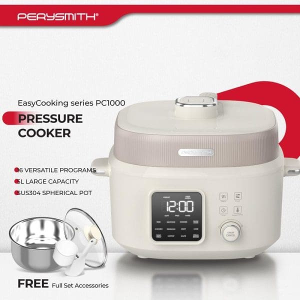 PerySmith EasyCooking Series PC1000 white pressure cooker with digital display showing 12:00, featuring 6 versatile programs, 5L capacity, stainless steel pot and free accessories set.