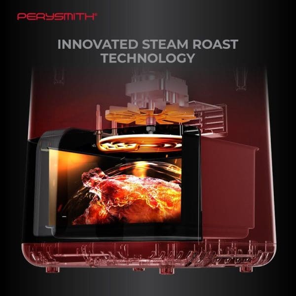 PerySmith PS1620 3D Air Fryer with innovative steam roast technology, showing cross-section view of cooking chamber with roasted meat and heating elements.