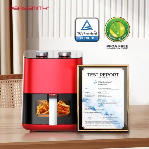 PerySmith PS1620 3D Air Fryer in red and black with TÜV Rheinland certification, PFOA-free coating, and test report certificate displayed on wooden surface.