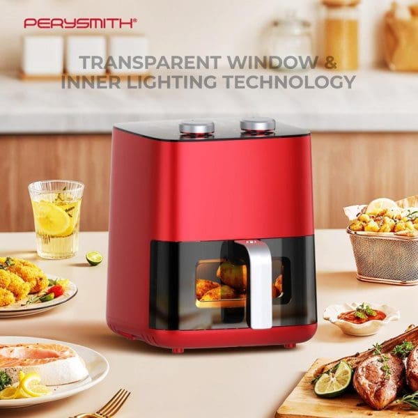 PerySmith PS1620 red and black 3D air fryer with transparent window and inner lighting technology displayed on kitchen counter with cooked food around it.