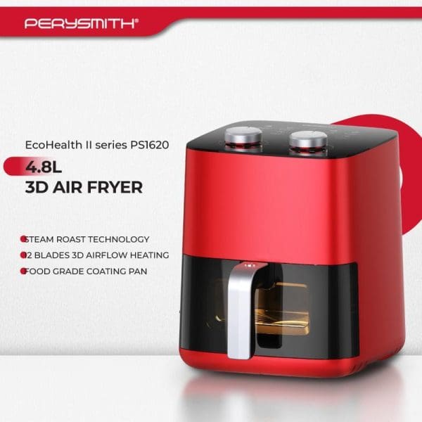 PerySmith EcoHealth II PS1620 4.8L red 3D air fryer with steam roast technology, 2-blade airflow heating, and food grade coating pan.